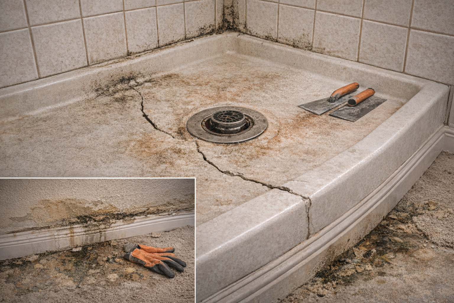 Older shower pan with wear, dated finish, and replacement needs around the drain and floor area