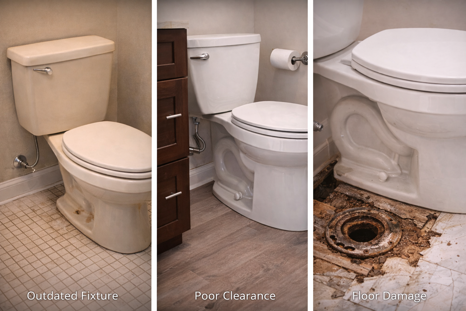 Older bathroom toilet area with a dated fixture, limited surrounding space, and finishes ready for a remodel update