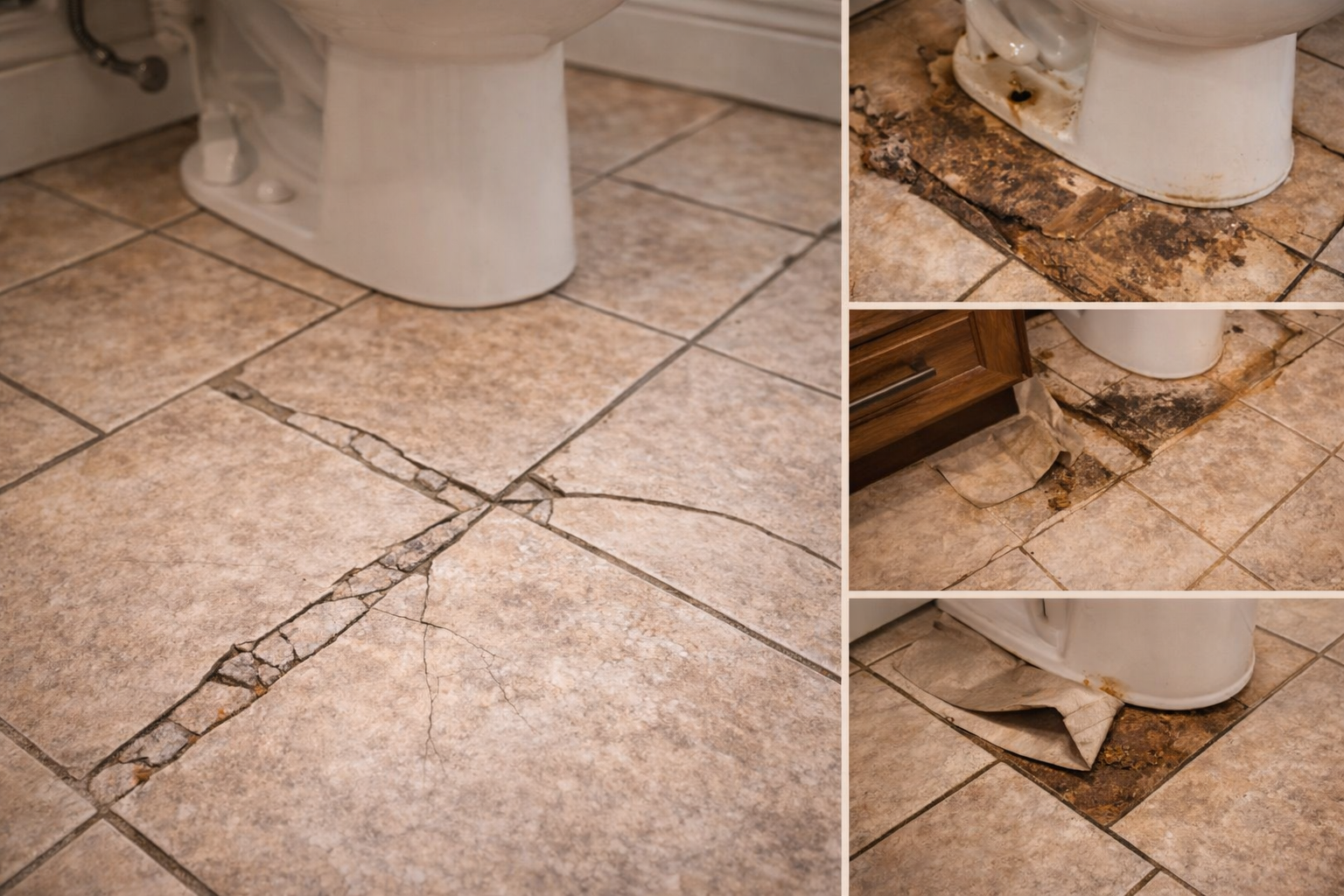 Older bathroom flooring with visible wear, dated material, and moisture-prone surfaces ready for an update