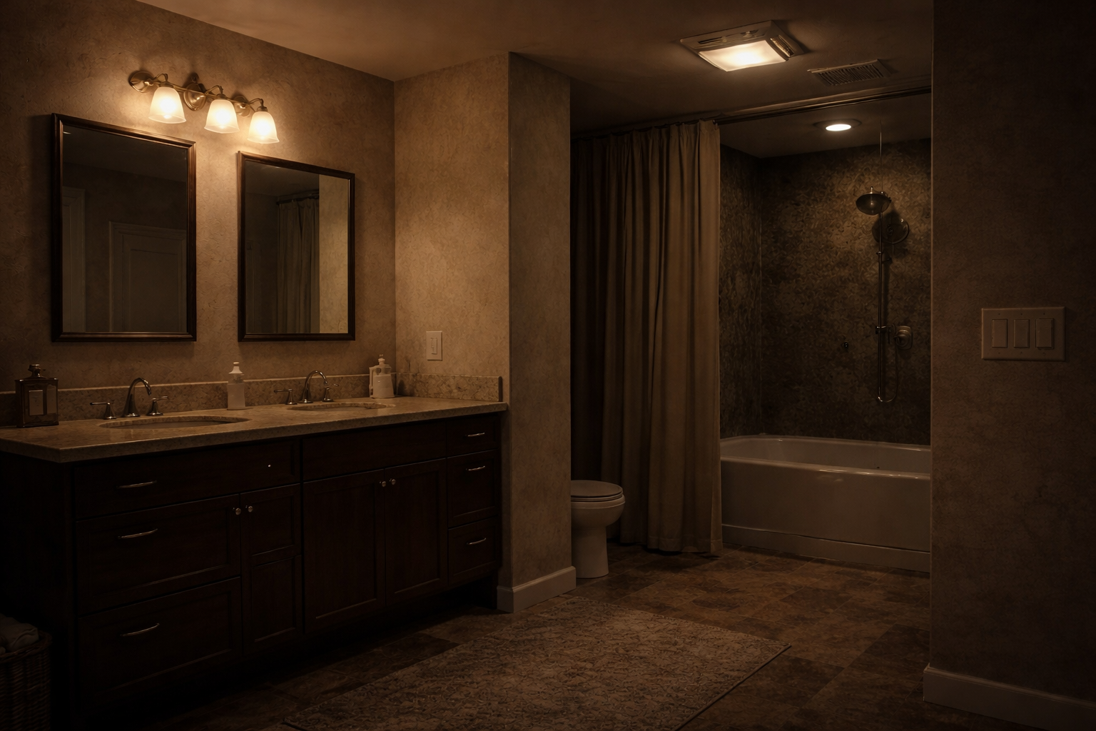 Older bathroom lighting with dim vanity coverage, dated fixtures, and uneven room brightness before an update