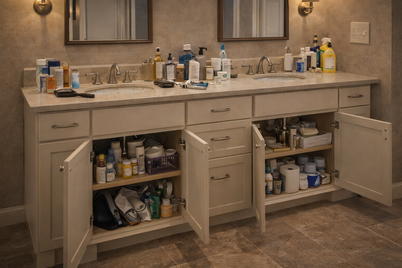 Bathroom with limited storage, cluttered counters, and outdated cabinets ready for a storage-focused remodel update
