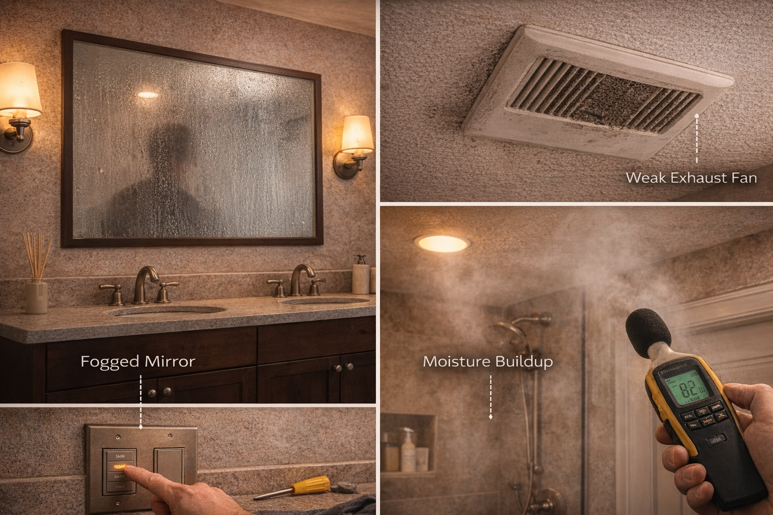 Fogged bathroom mirror, weak ceiling exhaust fan, and visible shower moisture buildup showing poor ventilation