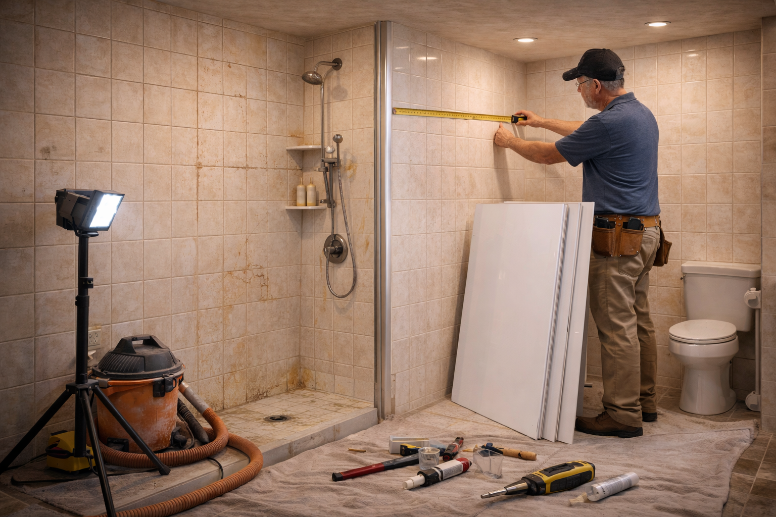 Older bathroom wall finish with wear, moisture issues, and a setup ready for updated wall panel installation