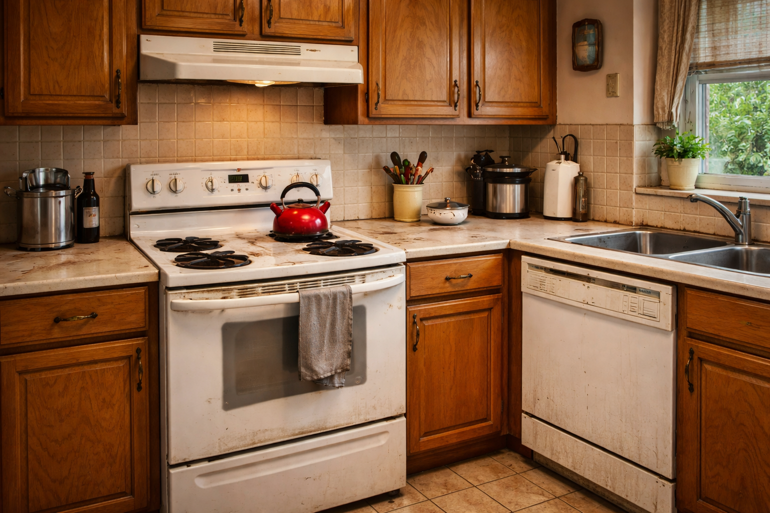 Older kitchen appliances with dated finishes, mixed sizes, and a layout ready for a coordinated remodel upgrade