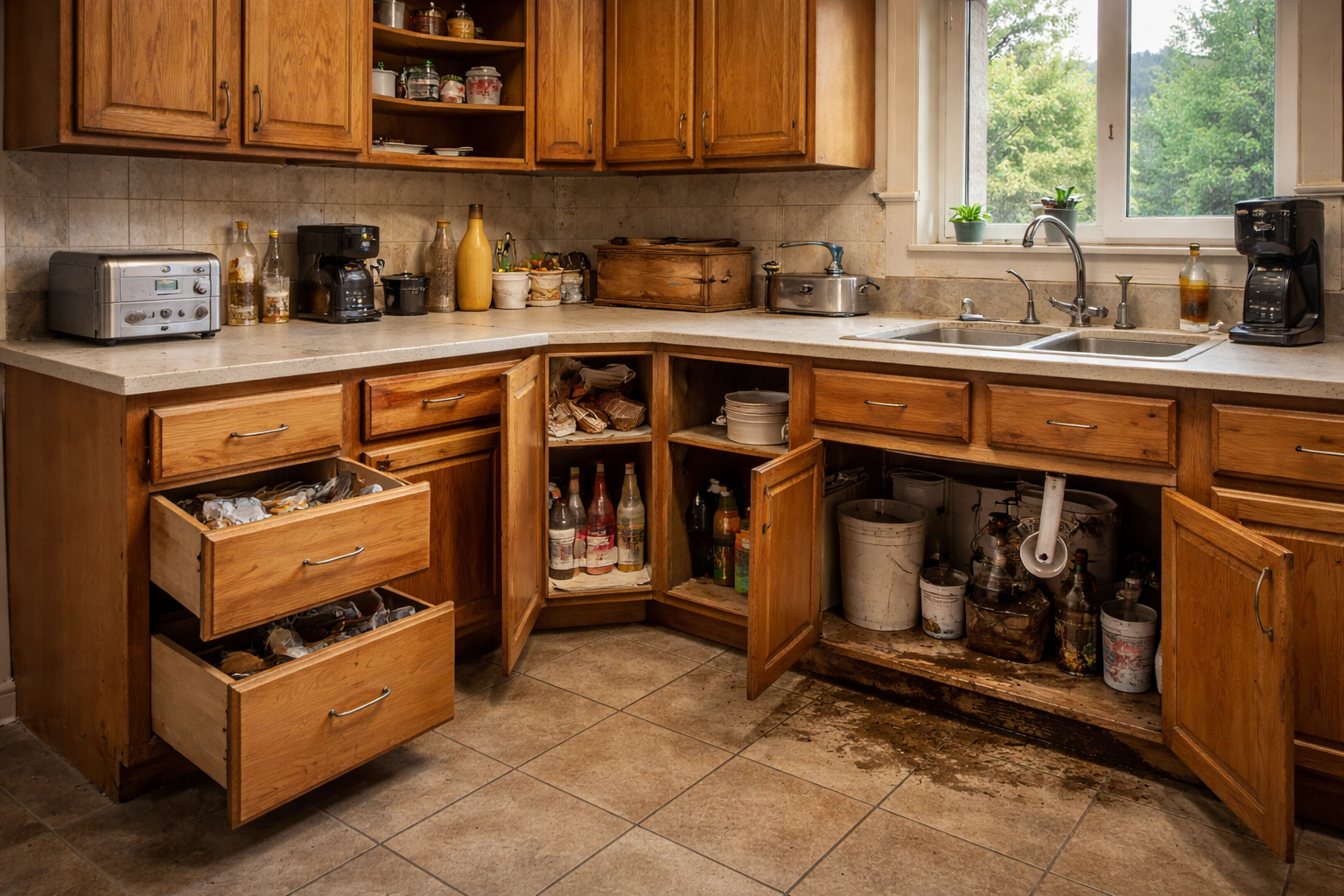 Older kitchen cabinets with worn finishes, weak storage, and a layout ready for a cabinet-focused remodel update