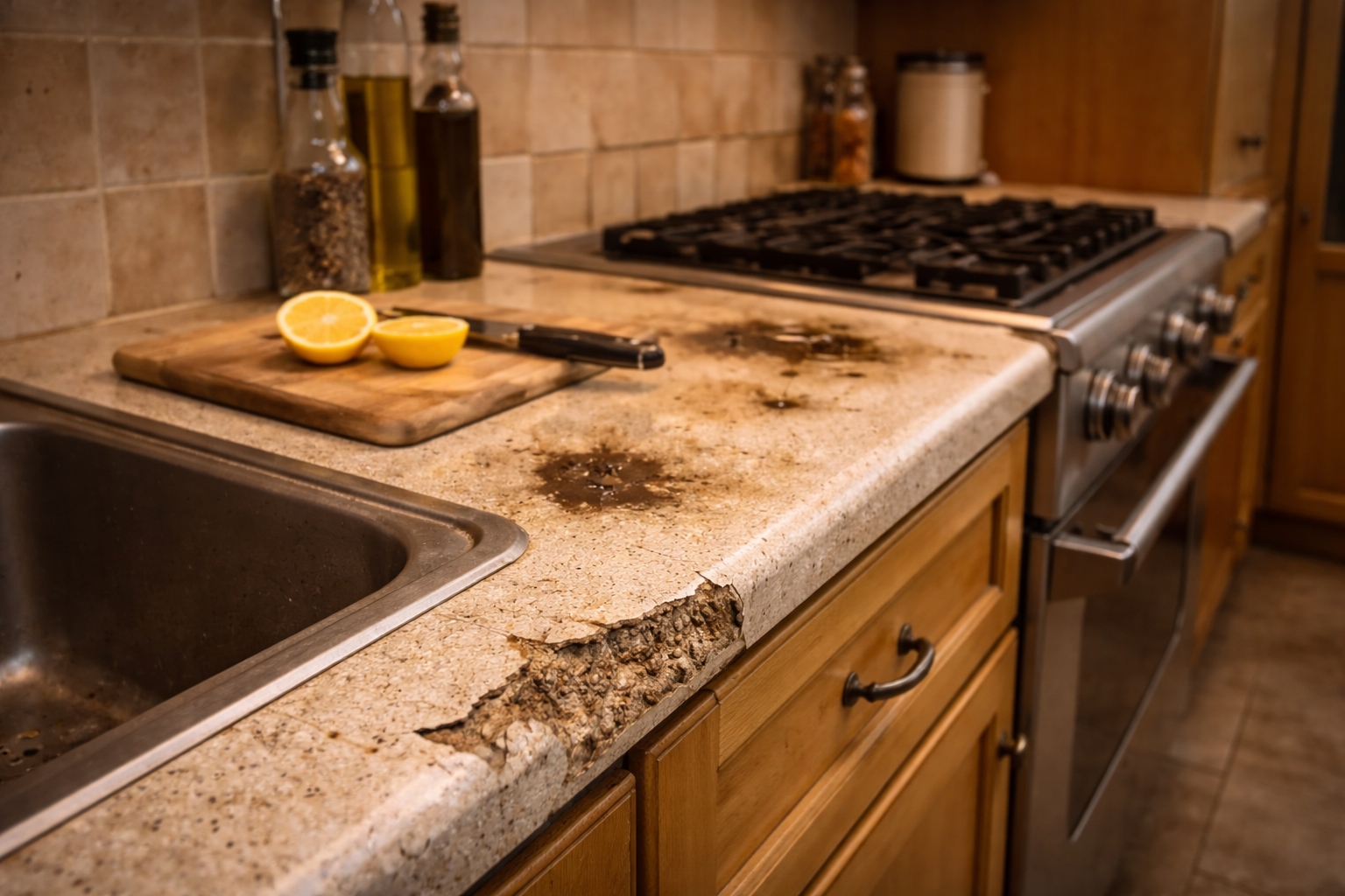 Older kitchen counters with worn surfaces, dated edges, and a layout ready for a countertop update
