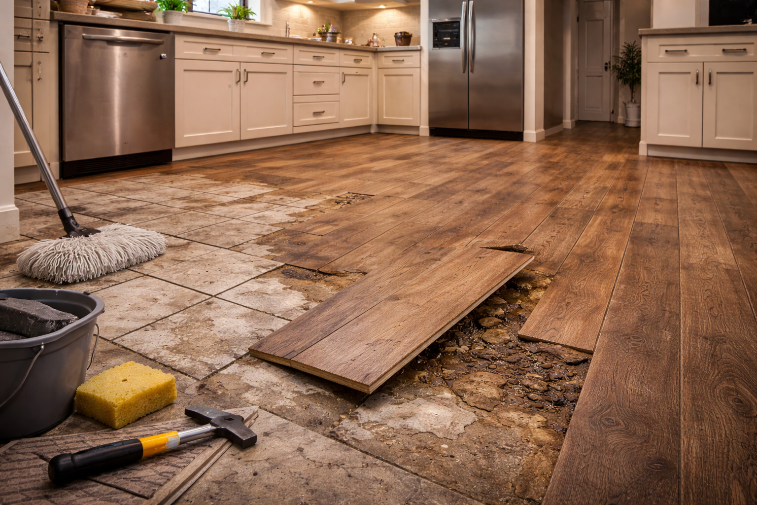 Older kitchen flooring with visible wear, dated material, and a layout ready for a remodel upgrade