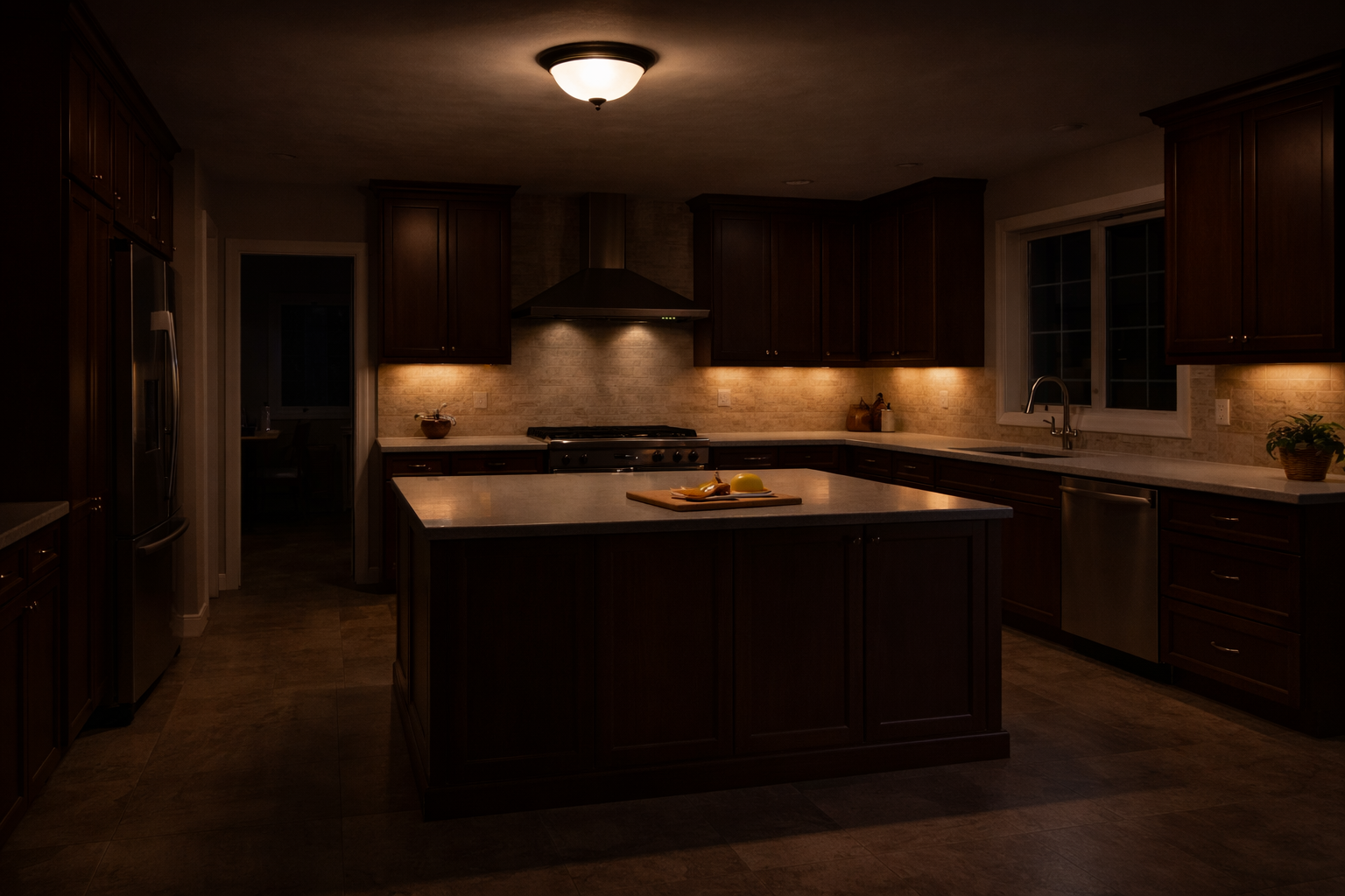 Kitchen with dim prep space, outdated fixtures, and shadowed counters