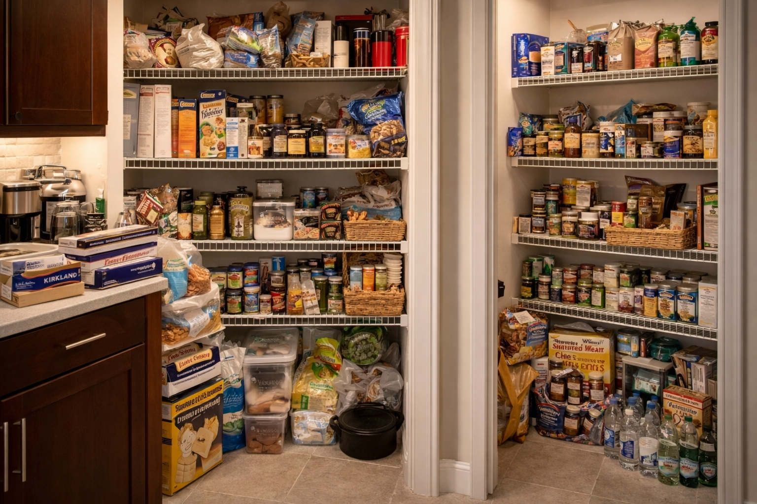 Kitchen pantry with cluttered shelves and limited storage capacity