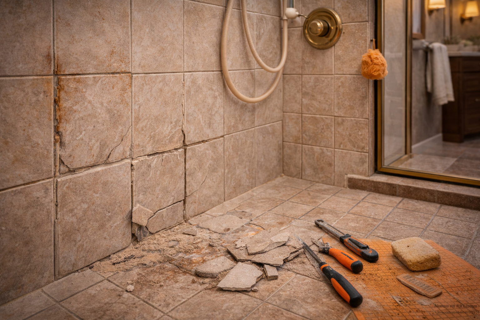 Older shower tile with worn surfaces, dated patterning, and a layout ready for a remodel update