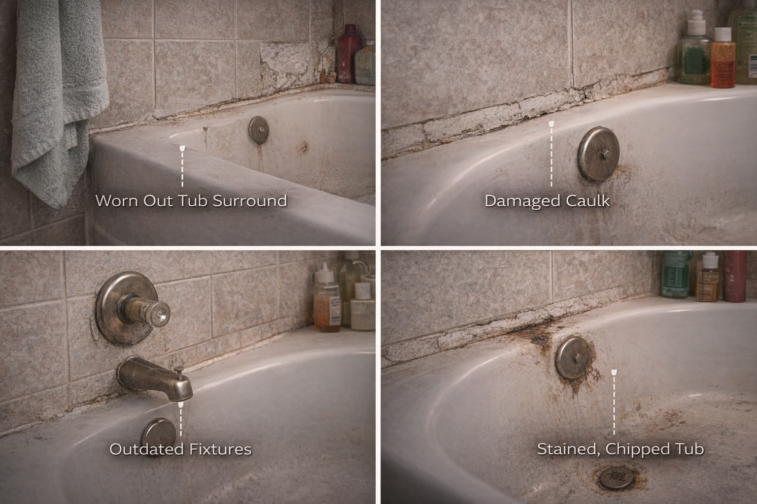 Older bathtub area with worn surfaces, dated fixtures, and a layout ready for a remodeling update