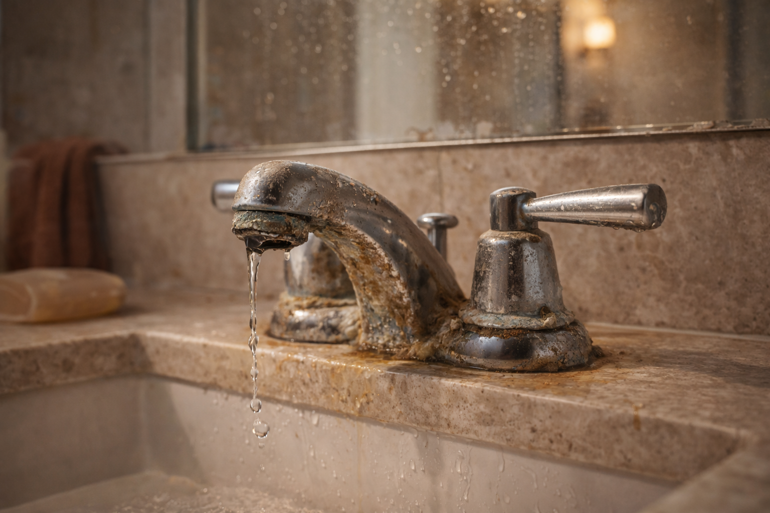 Older bathroom faucet with dated finish, worn handles, and a sink area ready for an updated fixture