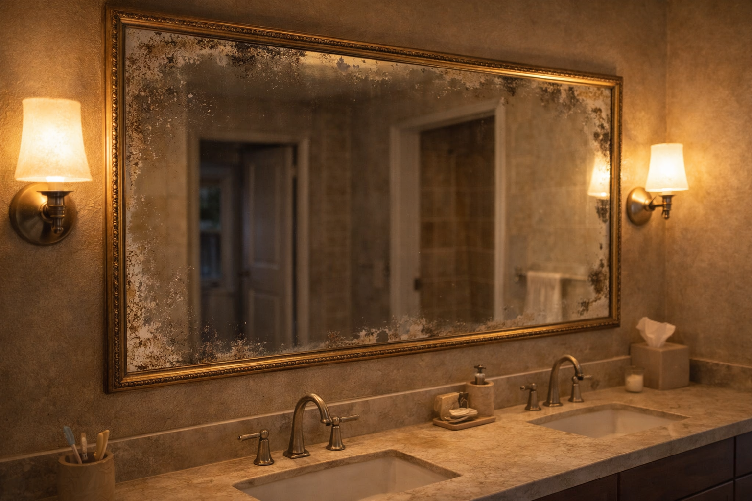 Older bathroom mirror with dated style, poor lighting coordination, and a vanity area ready for an update