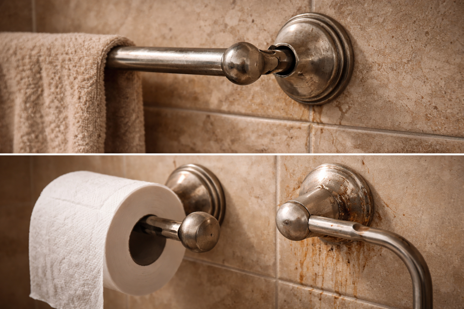 Older bathroom hardware with mismatched finishes, dated accessories, and worn fixture details ready for an update