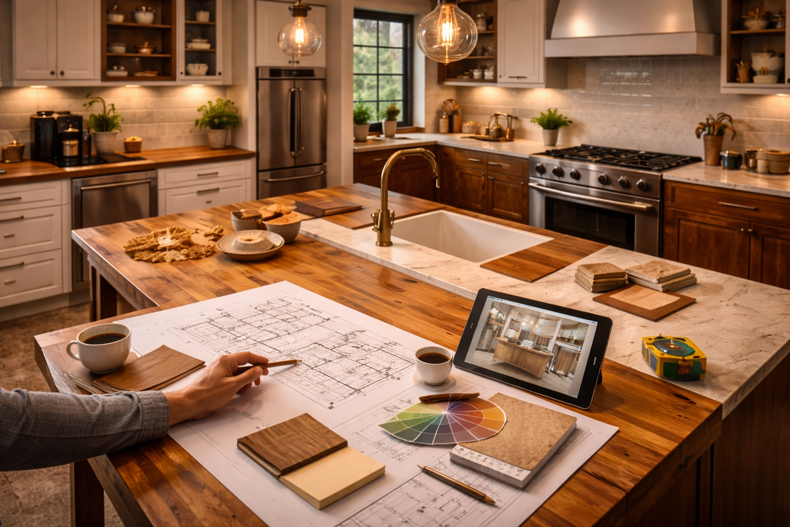 Butcher block countertops used on kitchen islands, prep areas, and spaces where warm wood grain adds character and function