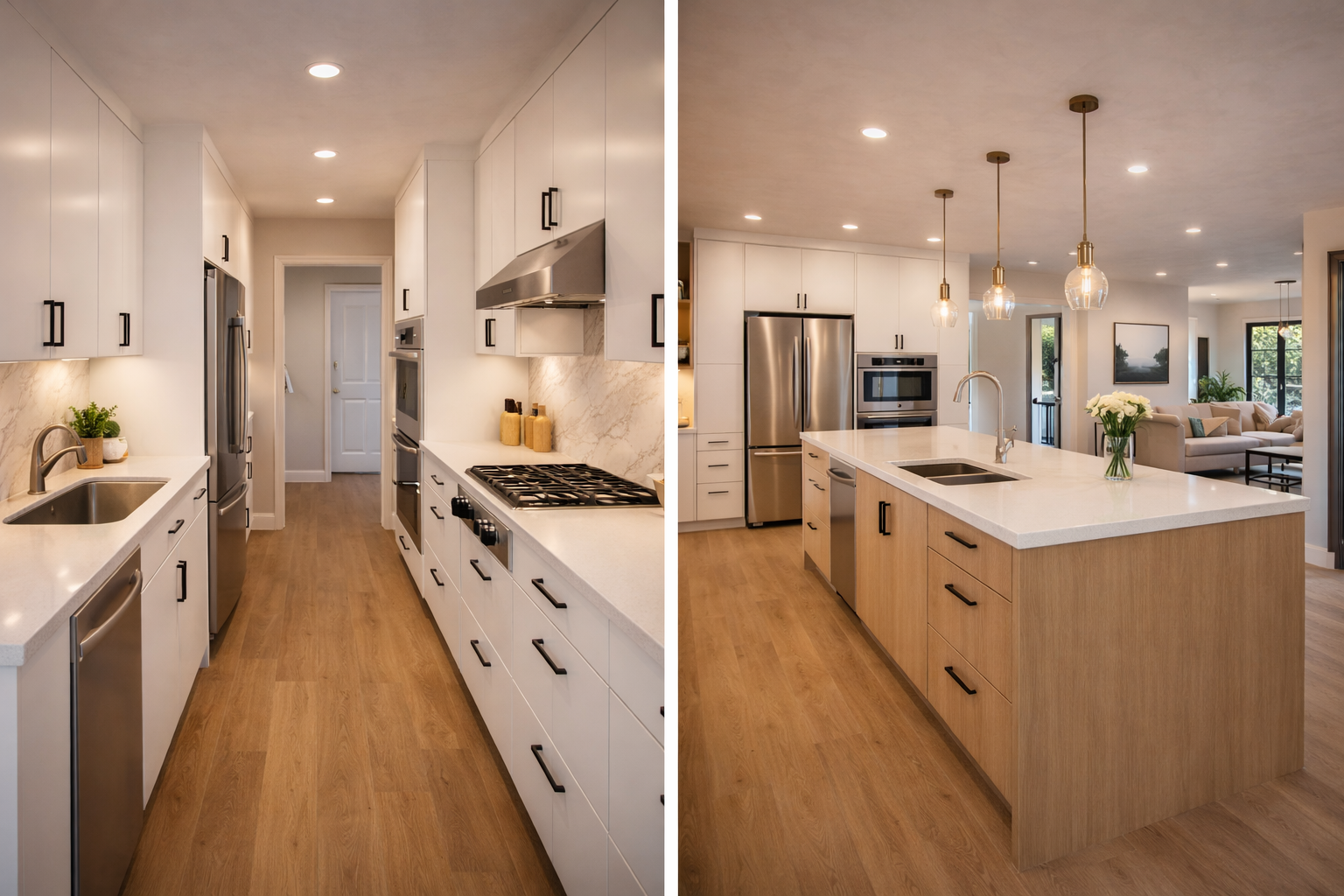 Flat-panel cabinets used in an open kitchen with island seating, tall pantry storage, and straight cabinet lines