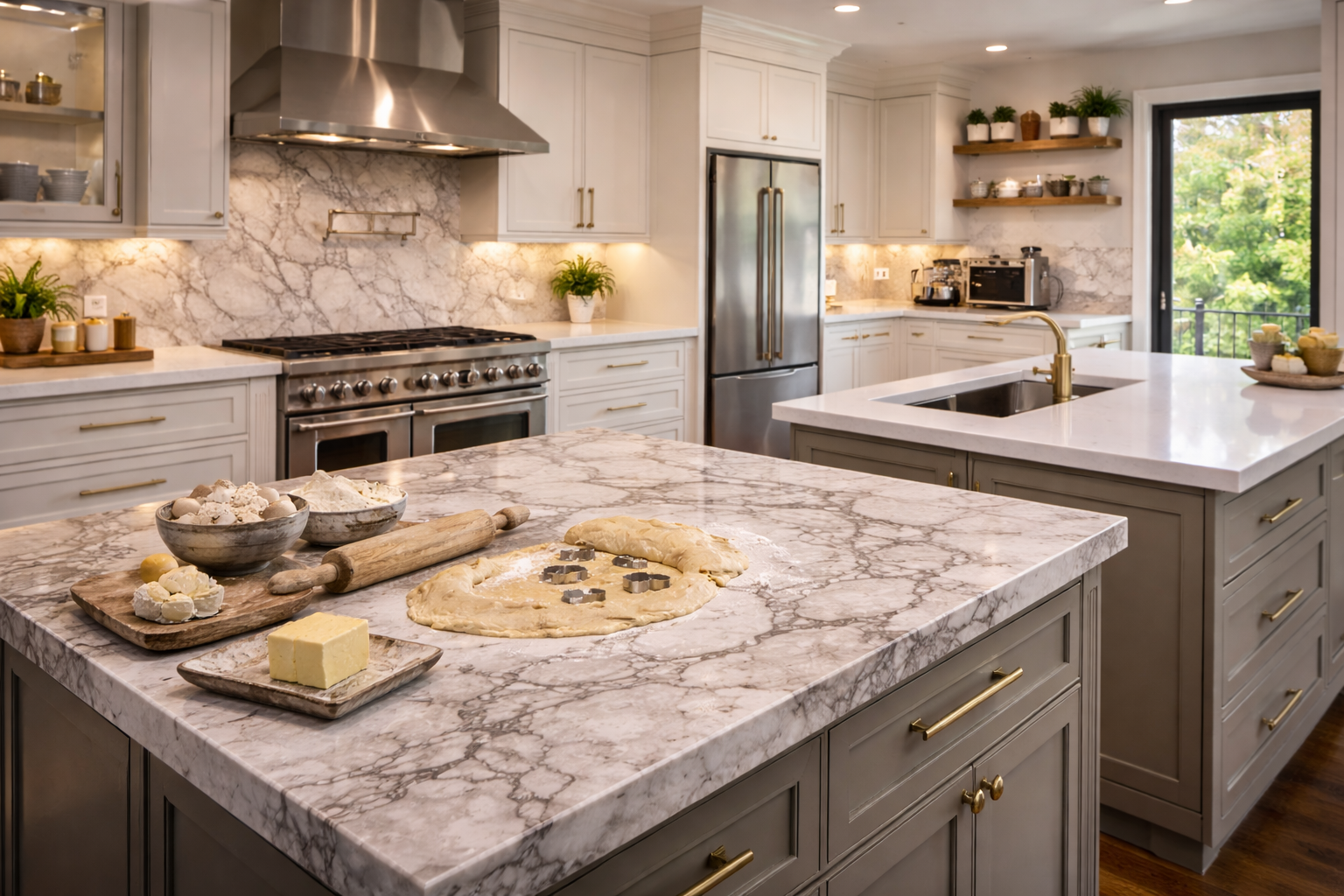 Marble countertops used on kitchen islands, perimeter counters, baking areas, and spaces where natural stone character stands out