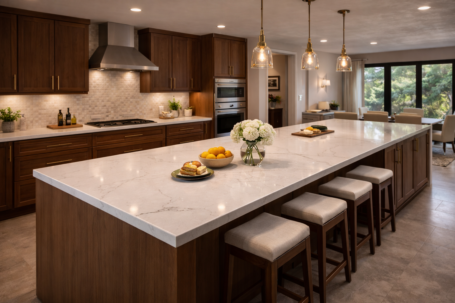 Quartz countertops used on perimeter counters, kitchen islands, and other work surfaces where durability and easy cleaning matter