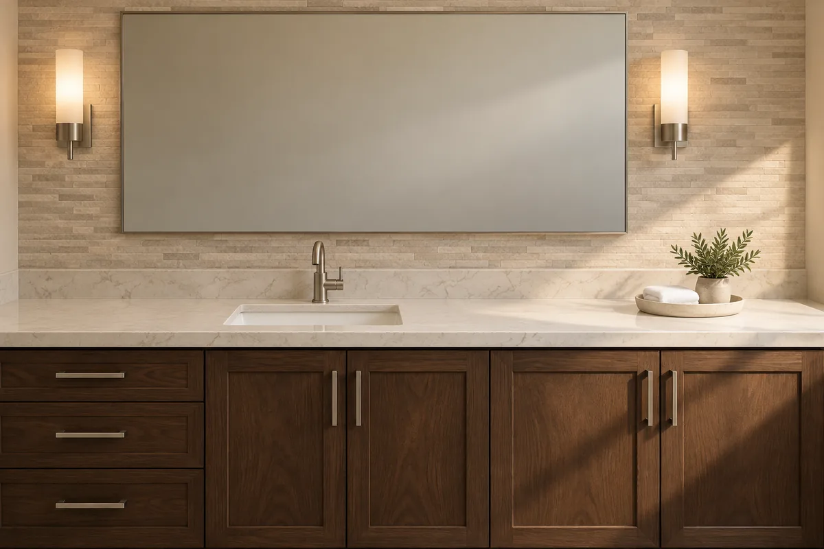 Vanity wall of a remodeled Carson City bathroom with a cream quartz counter on dark walnut cabinetry, a rectangular mirror between two warm sconces, a brushed nickel faucet and a stacked beige porcelain tile backsplash