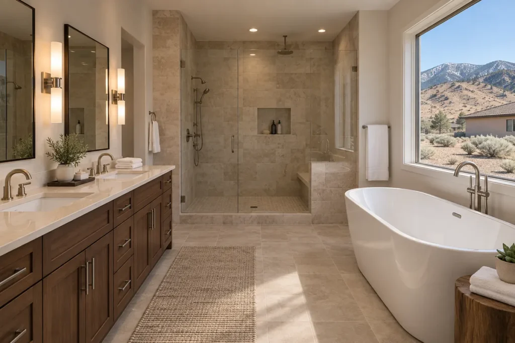 Remodeled Carson City bathroom with a double vanity in dark walnut cabinets, a cream quartz counter, a frameless glass walk-in shower in beige tile, a freestanding tub under a window, and dry hills and the Carson Range outside