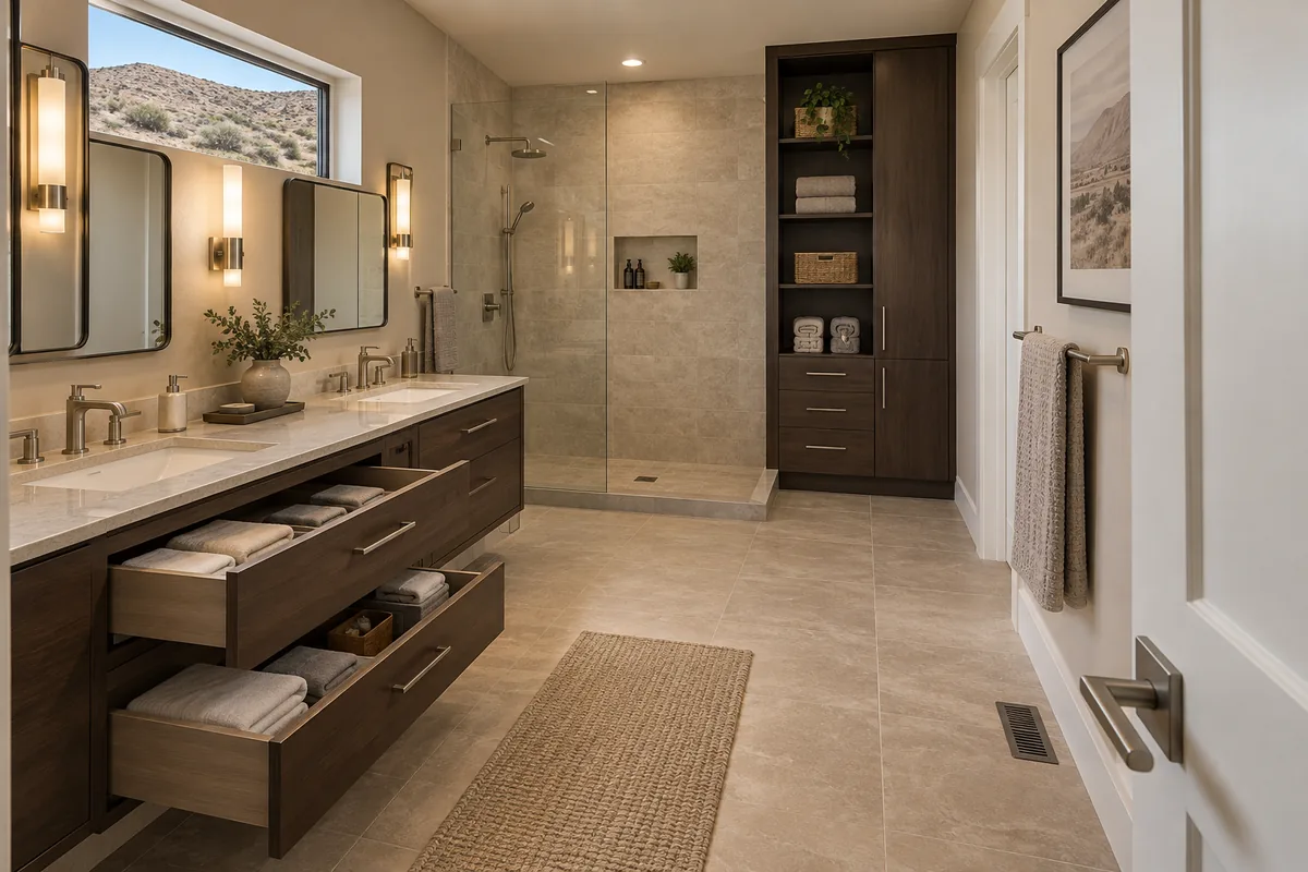 Carson City ranch-home bathroom seen from the doorway with a floating walnut double vanity with two drawers open, a tall linen cabinet, a low-curb walk-in shower with a recessed niche, clear floor space between them, and a dry sagebrush hillside through the high window