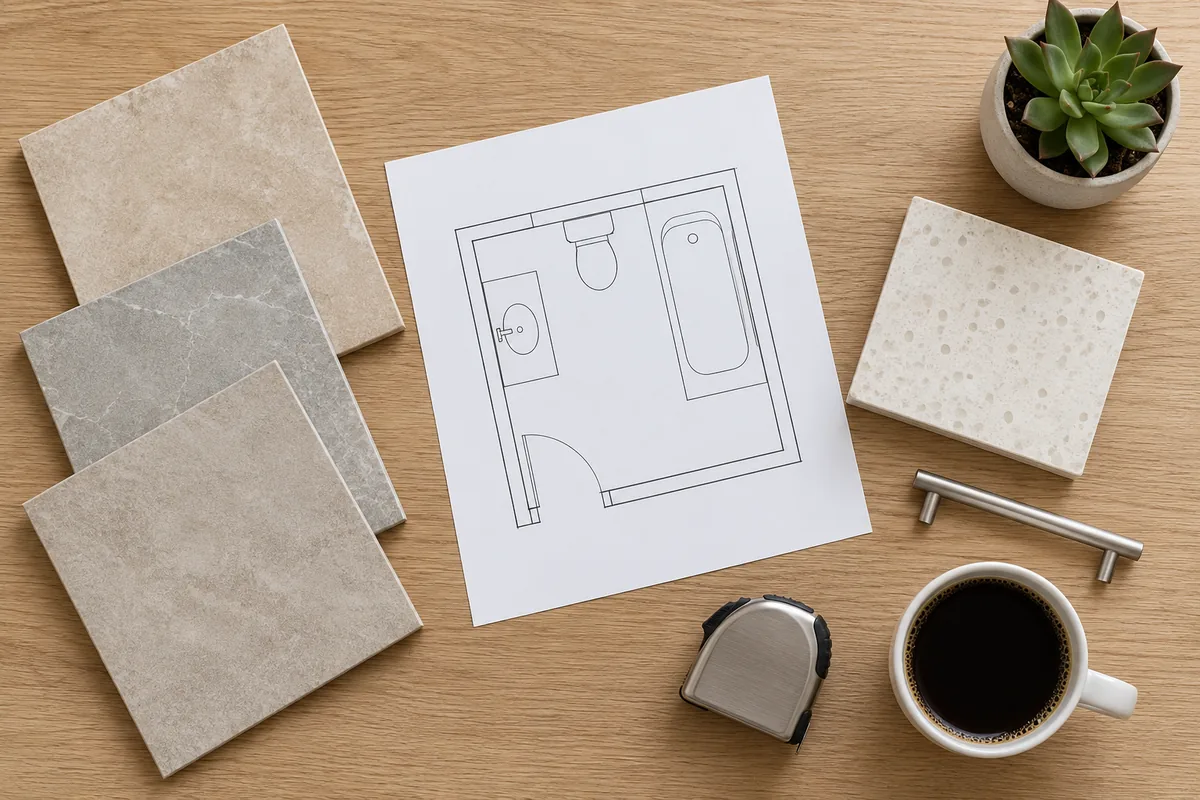 Flat lay on a light oak table with an unlabelled bathroom floor plan drawing, three beige and grey porcelain tile samples, a quartz counter sample, a brushed nickel cabinet pull, a tape measure, a small succulent and a cup of coffee