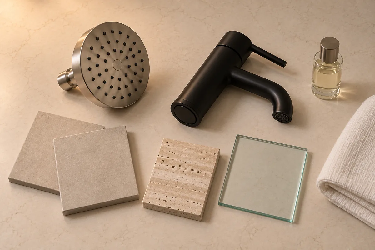 Flat lay on a cream quartz counter with a brushed nickel shower head, a matte black faucet, a square of clear shower glass, beige porcelain and travertine tile swatches, a small bottle of sealer and a folded white towel
