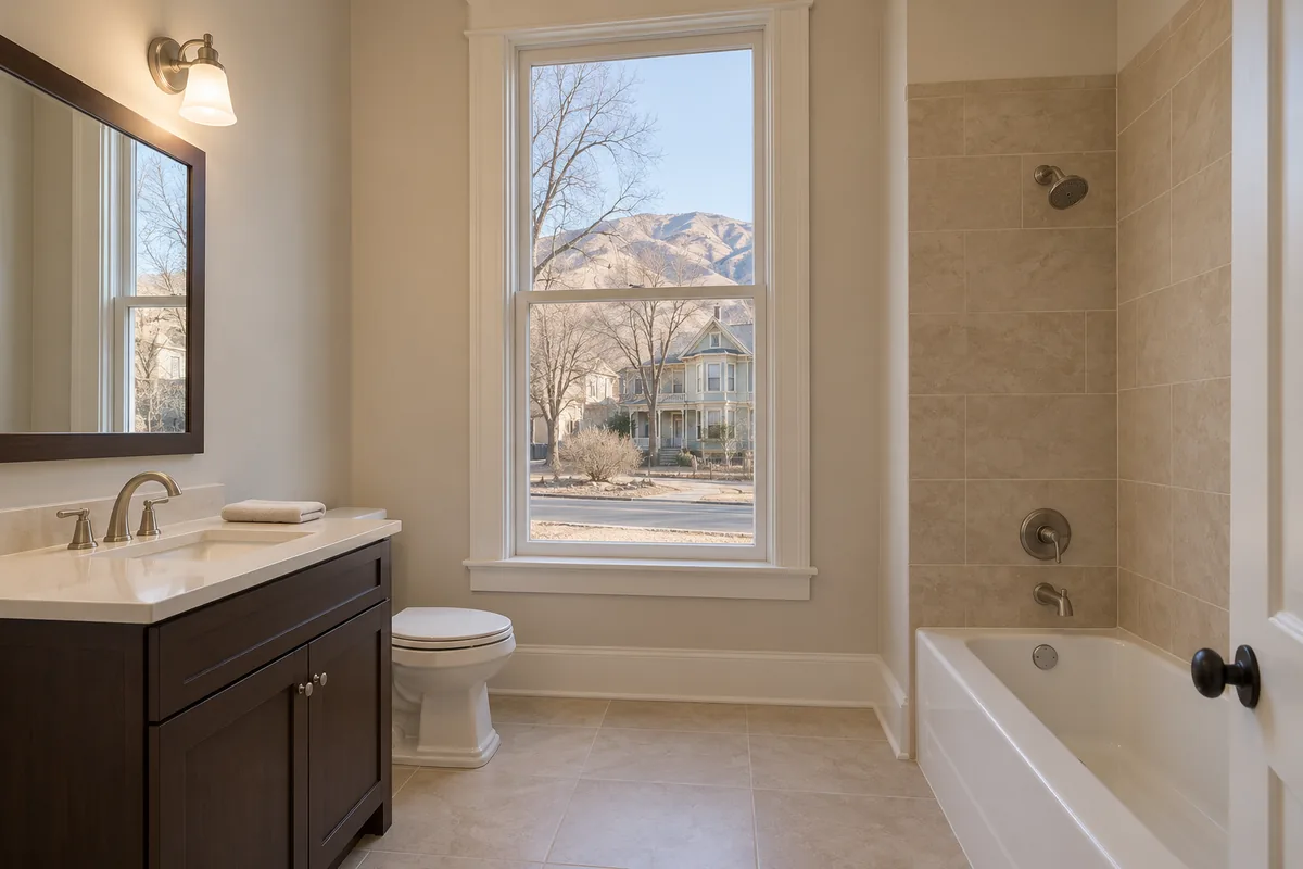 Remodeled hall bathroom in an older west-side Carson City home with a tall double-hung window, painted wood trim, an espresso single vanity with a quartz top, an alcove tub in beige tile, and a Victorian house, bare trees and tawny hills across the street