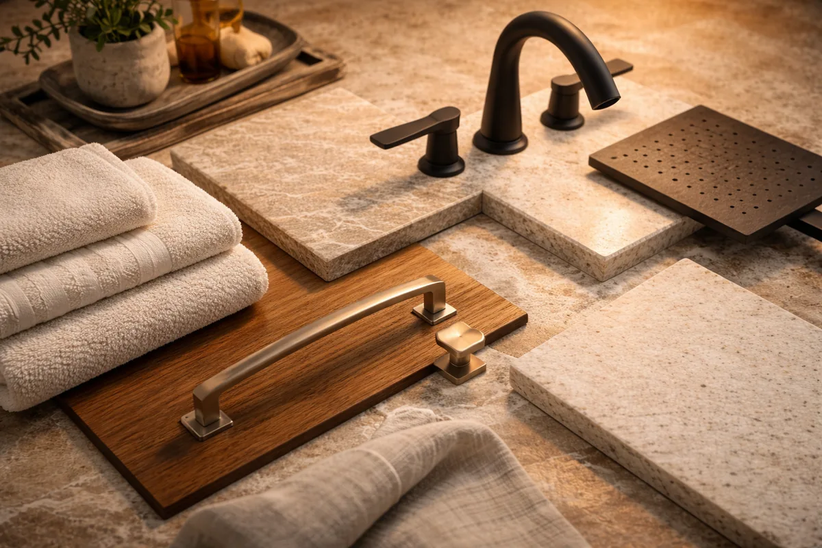 Flat lay of Incline Village bathroom finishes: a matte black faucet and square shower head, a brushed nickel pull and knob on a wood board, travertine and quartz samples, folded towels and linen