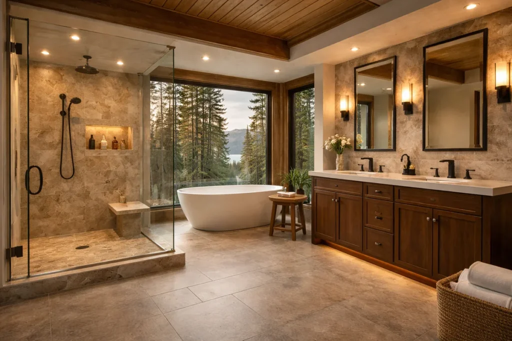 Incline Village bathroom with a freestanding tub in front of a large window onto pines, Lake Tahoe and mountains, a glass shower with stone tile, wood ceiling beams and a walnut double vanity