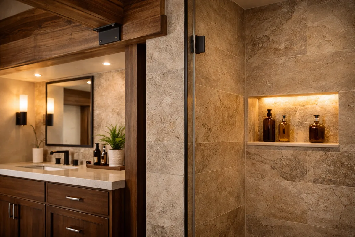 Incline Village bathroom detail: a walnut vanity with quartz counter and matte black faucet under a wood beam, a framed mirror with sconces, and a glass shower with a lit stone niche holding amber bottles