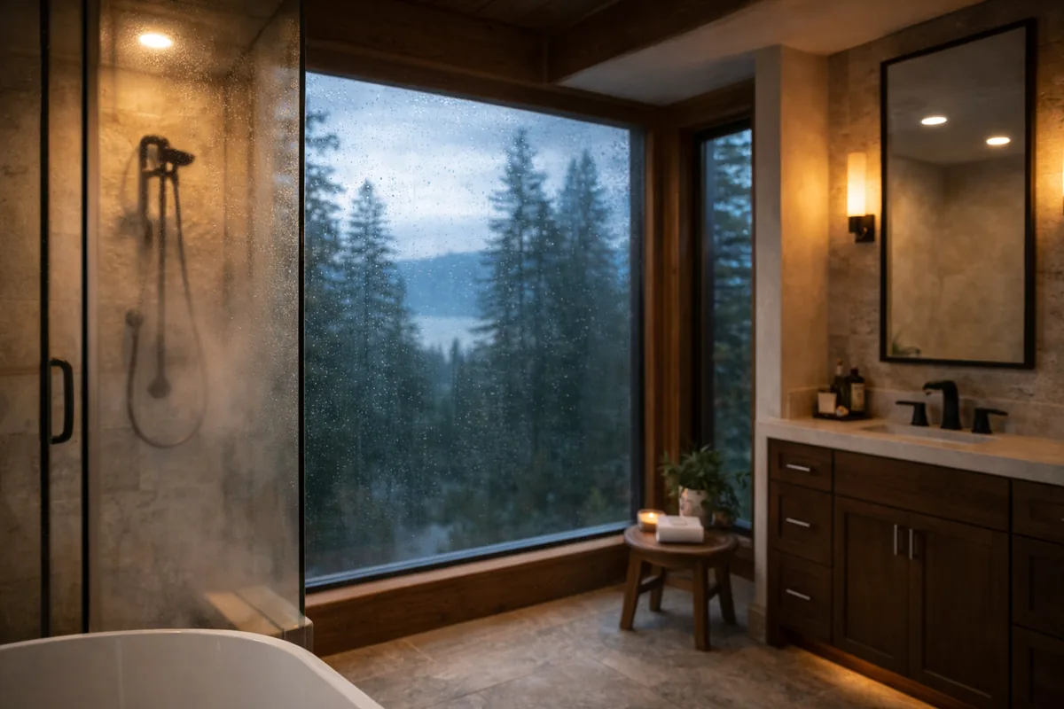 Steamed glass shower beside a rain-speckled window looking onto pine trees and a mountain lake, the edge of a freestanding tub, stone tile, a walnut vanity and a lit candle on a wood stool