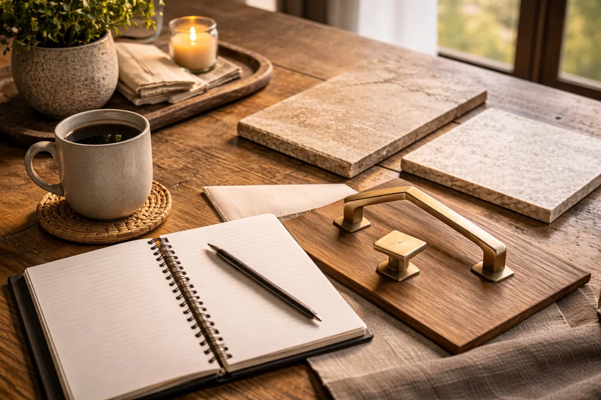 Planning flat lay on a wood table by a window: an open notebook and pen, a cup of coffee, stone and quartz tile samples, brass cabinet pulls on a wood board, a candle and a plant