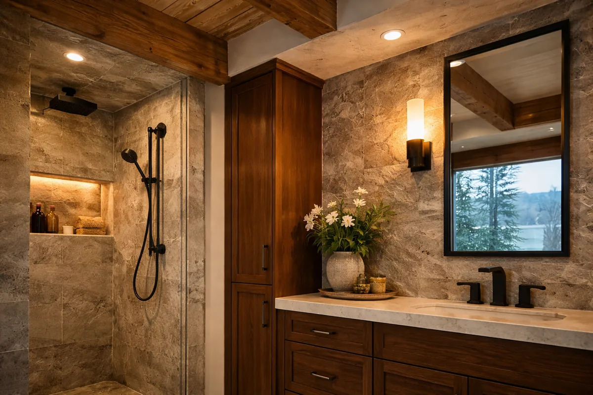 Incline Village bathroom with a wood beam ceiling, stone-look tile walls, a shower with a lit niche and hand shower, a tall walnut linen cabinet, and a quartz vanity with a matte black faucet by a window onto pines