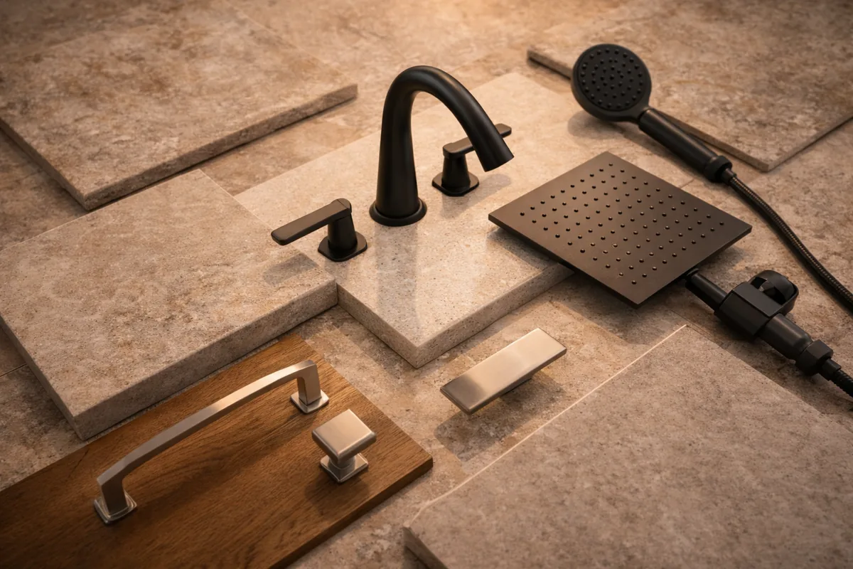 Flat lay of Las Vegas bathroom finish samples: a matte black faucet, square rain shower head and hand shower, brushed nickel pulls on a wood board, and beige stone and porcelain tile pieces