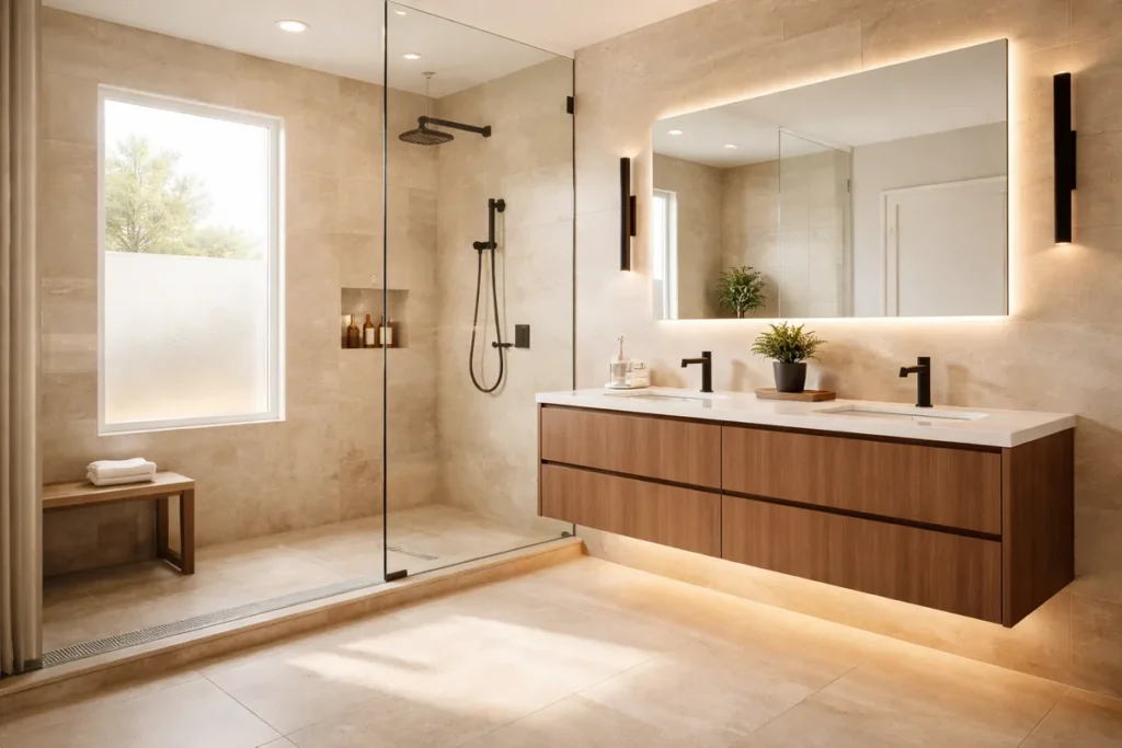 Remodeled Las Vegas bathroom with a floating walnut double vanity, white quartz counter, matte black faucets, a backlit mirror, and a walk-in glass shower with a rain head and beige travertine-look tile