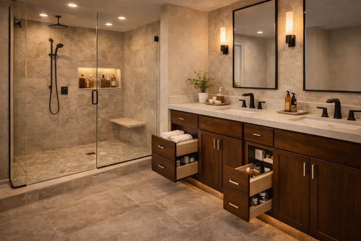 Las Vegas bathroom layout with a wide walk-in glass shower with a bench and lit niche, and a walnut double vanity with open drawers holding towels and toiletries under framed mirrors and sconces