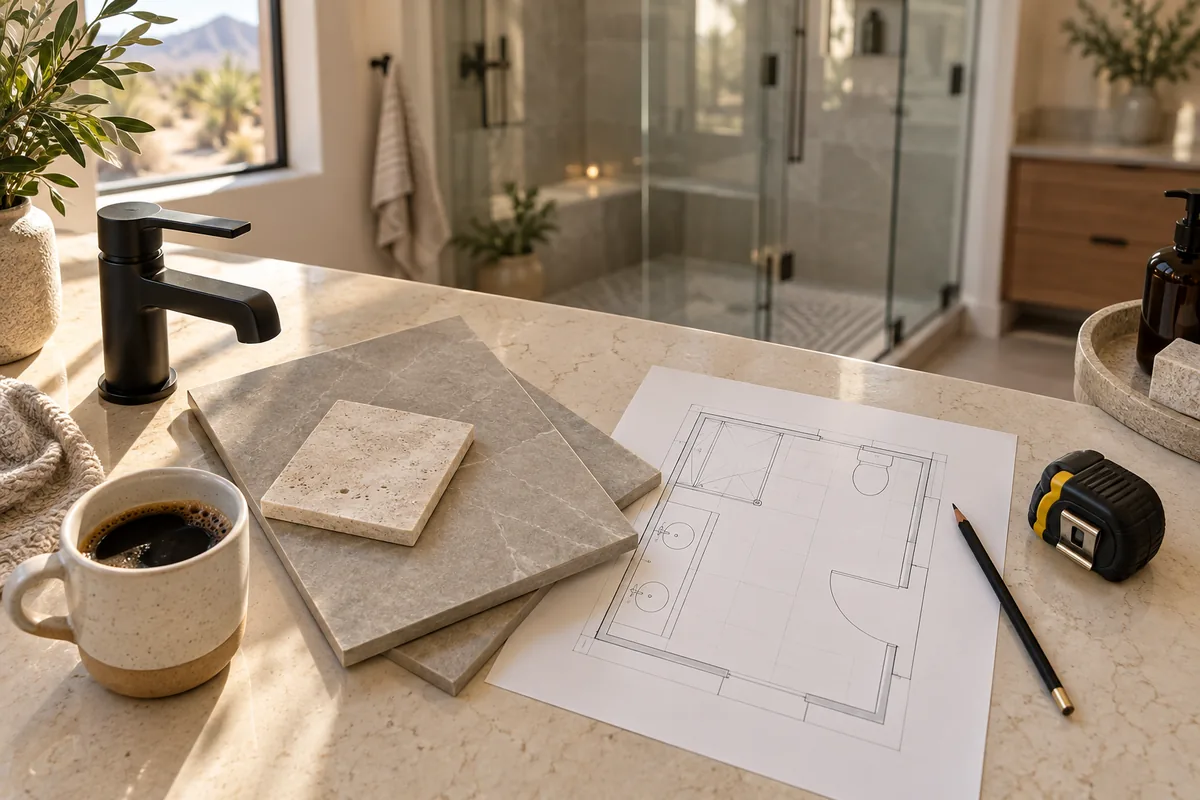 Flat lay on a beige quartz counter in a Las Vegas bathroom: a printed floor plan, grey porcelain and travertine tile samples, a matte black faucet, a tape measure, a pencil and a cup of coffee, with a glass shower and a desert window view behind