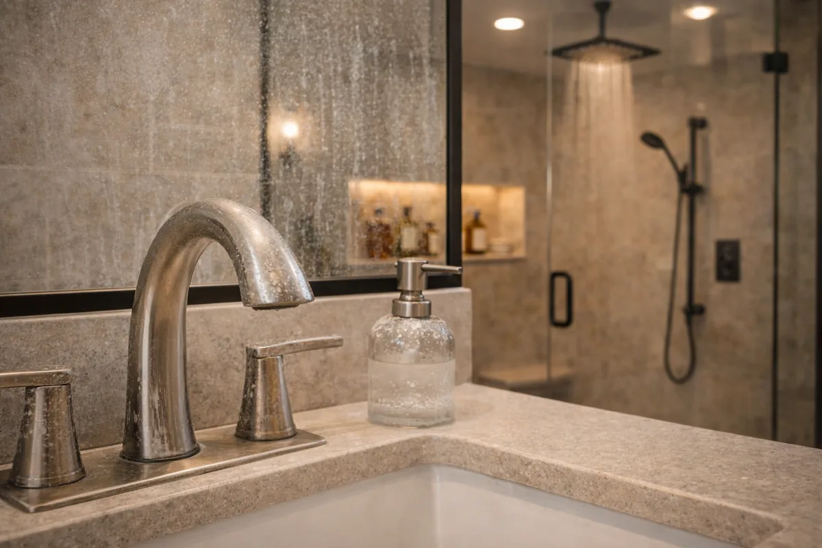 Close-up of a brushed nickel bathroom faucet and soap pump with hard-water mineral spots on a quartz counter, a rain shower running behind glass