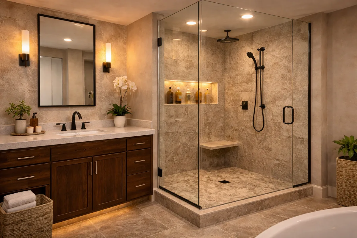 Las Vegas bathroom with a dark wood vanity, beige quartz counter, framed mirror between sconces, a corner glass shower with pebble floor and a lit niche, and the edge of a soaking tub