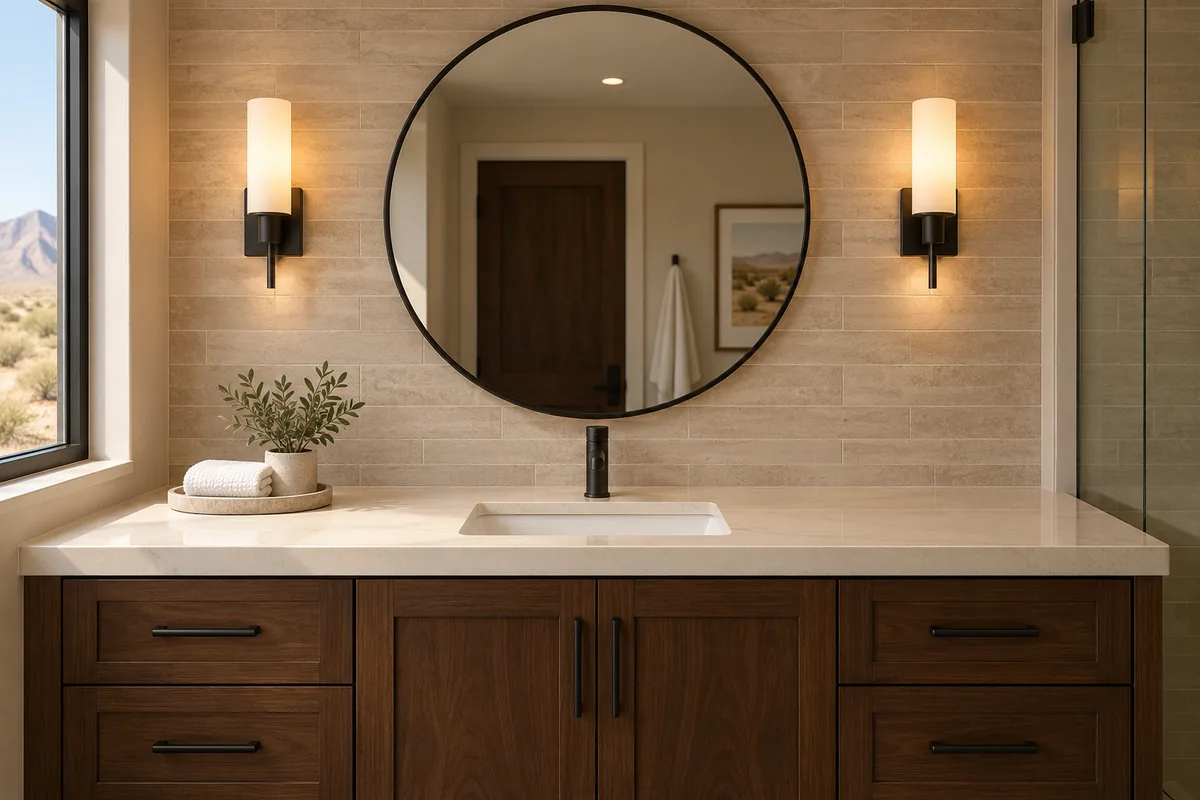 Vanity wall of a remodeled Reno bathroom with a cream quartz counter on dark walnut cabinetry, a round mirror between two warm sconces, a matte black faucet and pulls, and a warm beige tiled wall