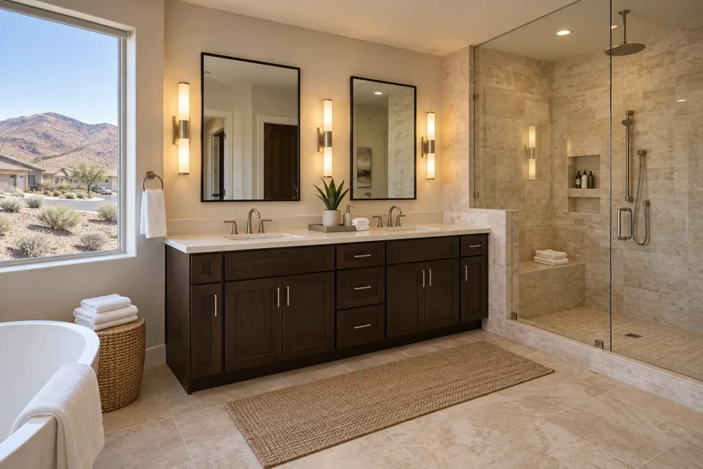Remodeled Reno bathroom with a double vanity in espresso cabinets, a cream quartz counter, a frameless glass walk-in shower in beige travertine tile, a freestanding tub, and a window looking out to gravel landscaping, sagebrush and brown hills