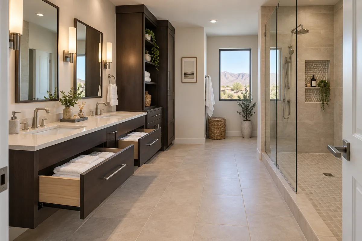 Reno bathroom seen from the doorway with a floating double vanity with two drawers open, a tall linen cabinet, a recessed shower niche and clear floor space between the vanity and the glass shower
