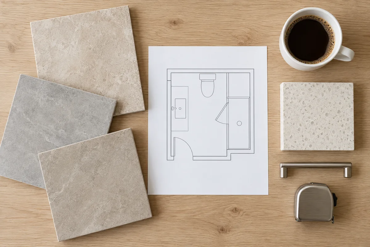 Flat lay on a light oak table with a bathroom floor plan drawing, three beige and grey porcelain tile samples, a quartz counter sample, a brushed nickel cabinet pull, a tape measure and a cup of coffee