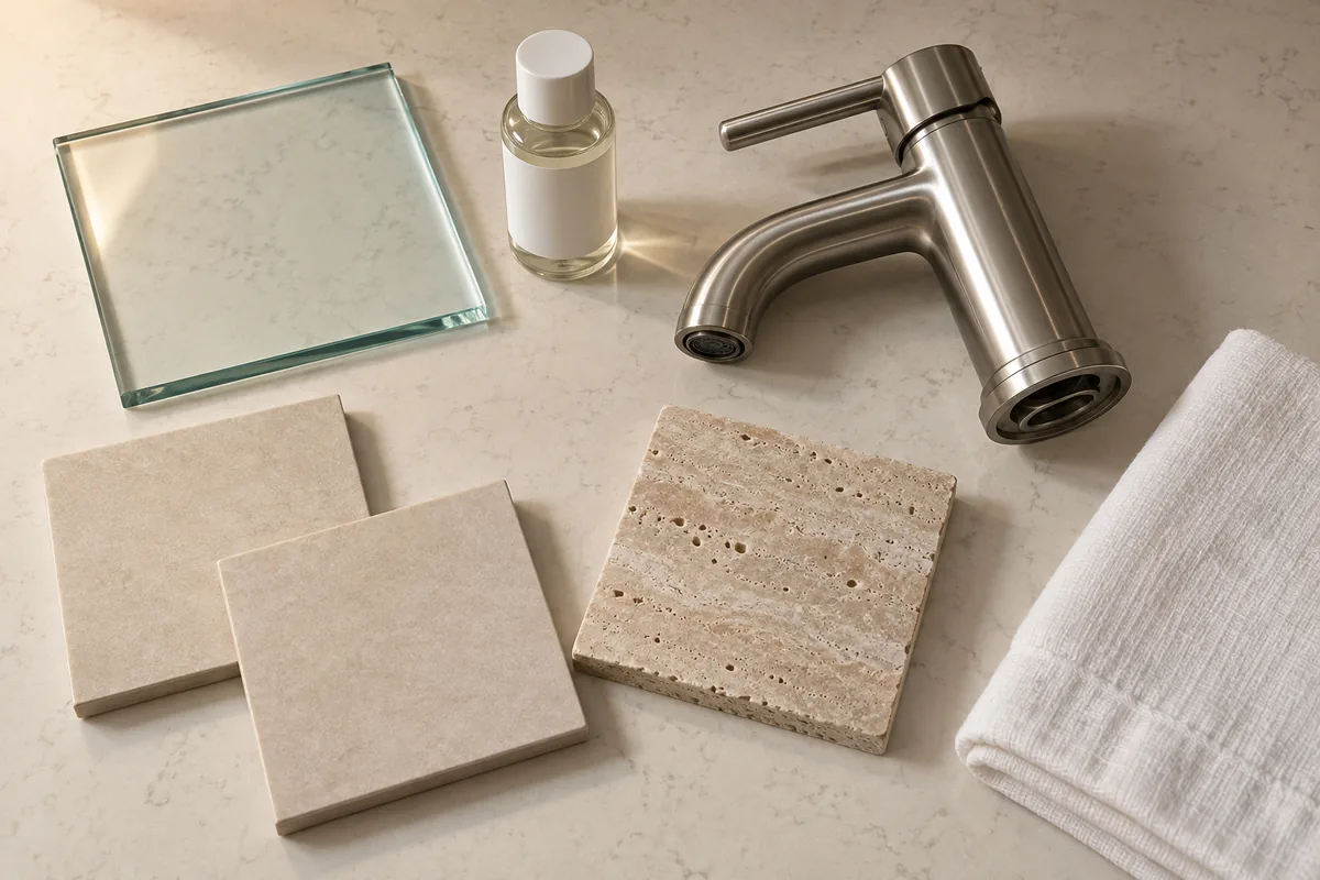 Flat lay on a cream quartz counter with a brushed nickel faucet, a square of clear shower glass, two beige porcelain tile swatches, a travertine swatch and a folded white towel