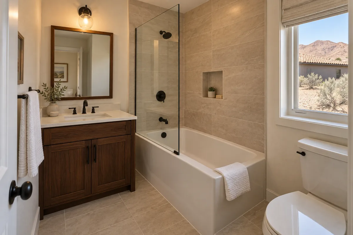 Compact bathroom in an older single-story Reno home with a walnut vanity, a white alcove tub behind a glass panel, a beige tile surround with a recessed niche, matte black fixtures, and a window facing sagebrush and dry hills