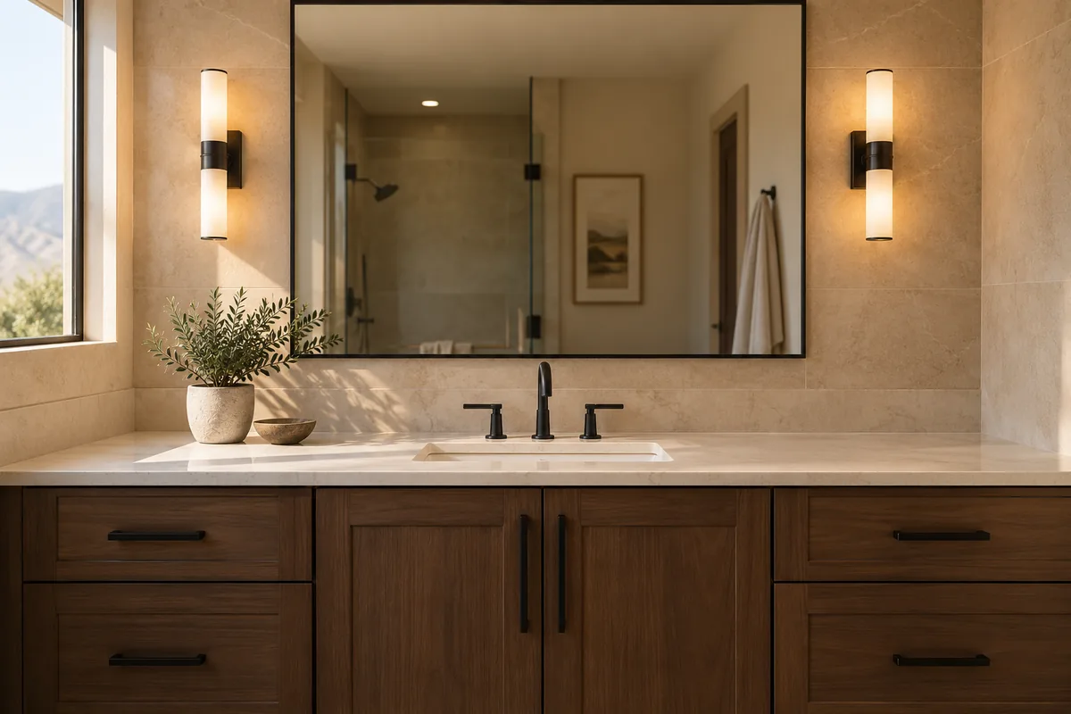 Vanity wall of a remodeled Sparks bathroom with a cream quartz counter on dark walnut cabinetry, a wide mirror between two warm sconces, a matte black faucet and pulls, a beige tiled wall and a small potted plant
