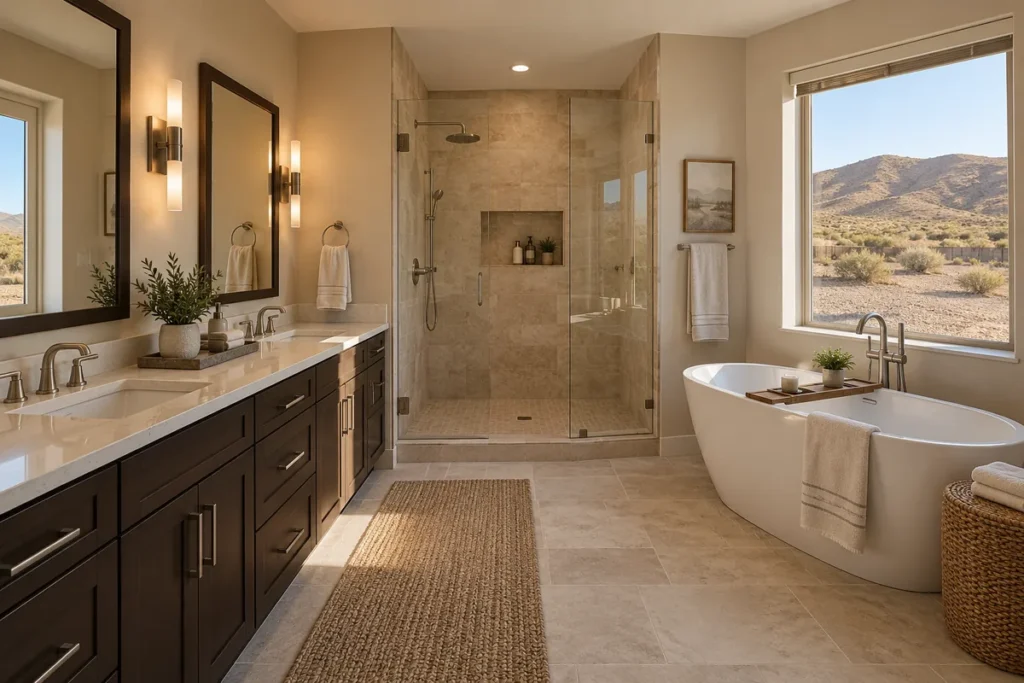 Remodeled primary bathroom in a Sparks home with a double vanity in espresso cabinets, a cream quartz counter, a frameless glass walk-in shower in beige travertine tile, a freestanding tub and a window looking out to gravel, sagebrush and brown hills