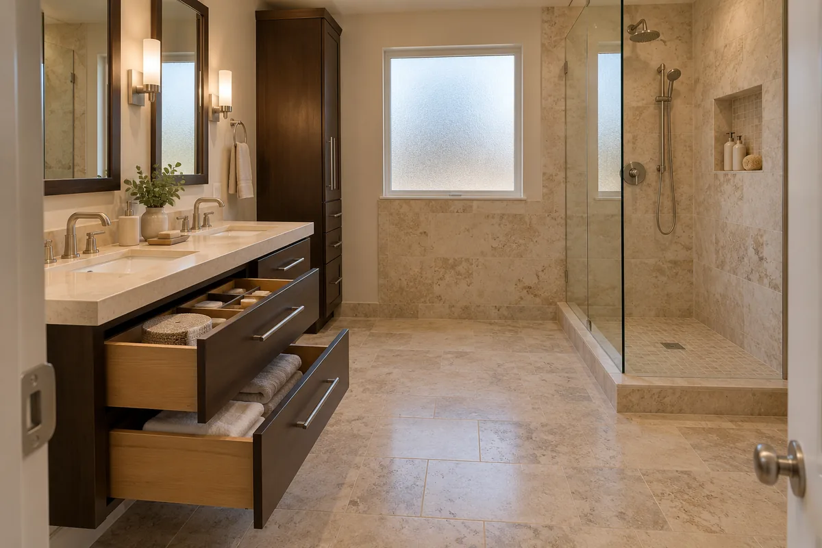 Sparks bathroom seen from the doorway with a floating double vanity with two drawers open, a tall espresso linen cabinet, a low-curb walk-in shower with a recessed niche and clear floor space in front of it