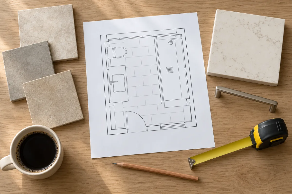 Flat lay on a light oak table with a bathroom floor plan sketch, three beige and grey porcelain tile samples, a quartz counter sample, a brushed nickel cabinet pull, a tape measure, a pencil and a cup of coffee